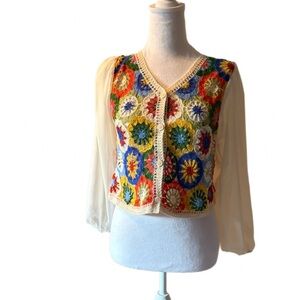 Colorful Crochet Vest with Sheer Sleeves Feminine NWT One Size (Small)
